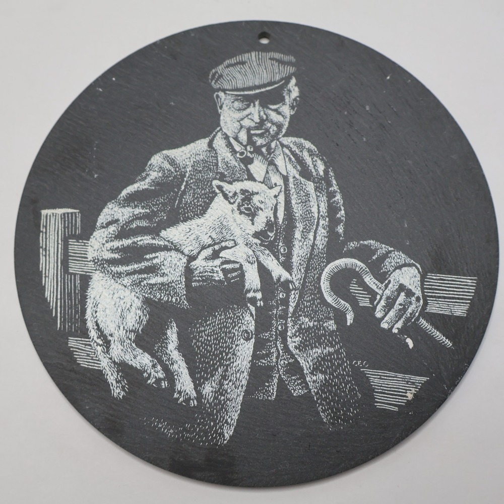 Vintage Etched Slate Round Wall Plaque Shepherd with Lamb & Pipe 6 In